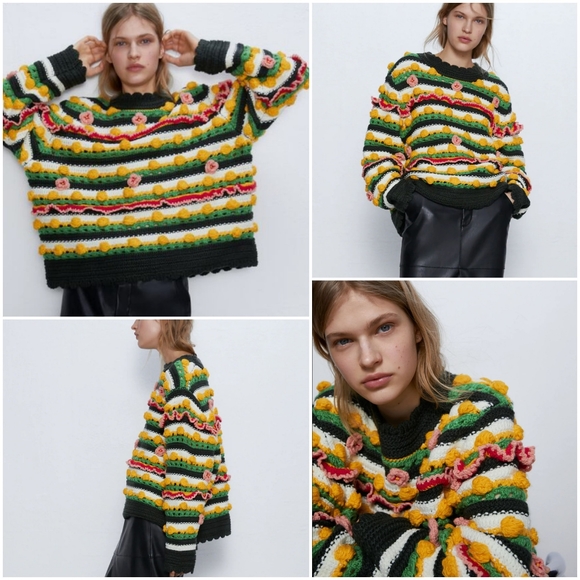 Zara chunky embellished bobble pom pom sweater, limited oversized floral knit - Picture 9 of 9